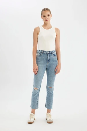 DEFACTO Mary Straight Leg Ripped Detailed High Waist Cut Out Ankle Length Jean Washed Trousers