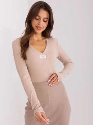 Beige fitted long-sleeved blouse with striped pattern