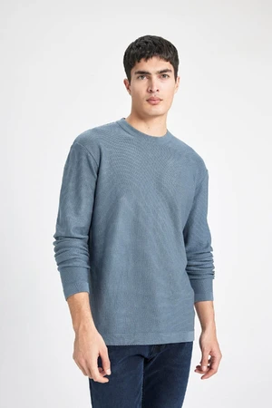 DEFACTO Men's Dark Blue Standard Fit Regular Cut Crew Neck Basic Plain Knitwear Sweater