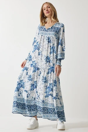 Happiness İstanbul Women's Sky Blue Patterned Oversize Long Viscose Dress