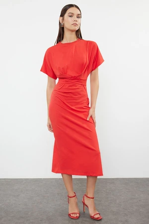 Trendyol Red 100% Cotton Waist Slit and Tie Detailed Midi Knitted Pencil Dress