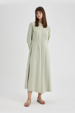 DEFACTO Shirt Collar Linen Blend Basic Long Sleeve Dress