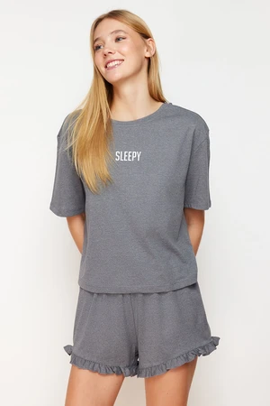 Trendyol Anthracite Melange Slogan Printed Ruffle Detailed Knitted Pajama Set