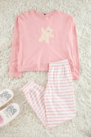 Trendyol Pink 100% Cotton Teddy Bear Printed Knitted Pajama Set