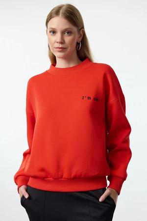 Trendyol Red Thick Inside Fleece Regular/Normal Fit Slogan Embroidered Knitted Sweatshirt