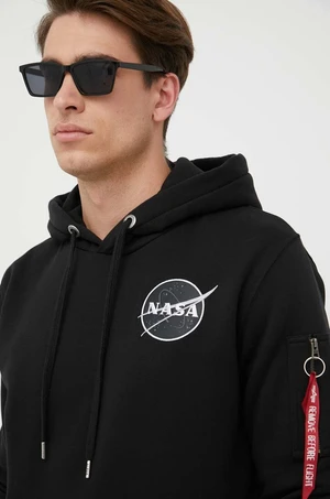 Mikina Alpha Industries x Nasa Dark Side Hoody 108337.285, pánska, čierna farba, s kapucňou, s potlačou