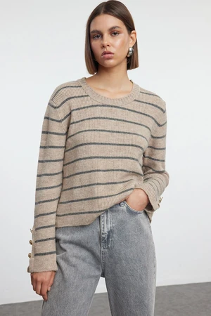 Trendyol Beige Soft Texture Basic Striped Knitwear Sweater