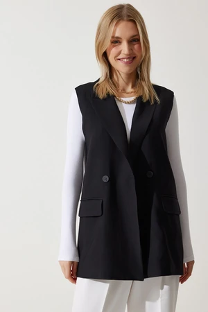 Happiness İstanbul Woman's Black Shawl Collar Double Breasted Woven Vest