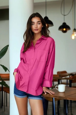 Trendyol Fuchsia Single Pocket Boyfriend/Bavlnené tkané tričko Wide Fit