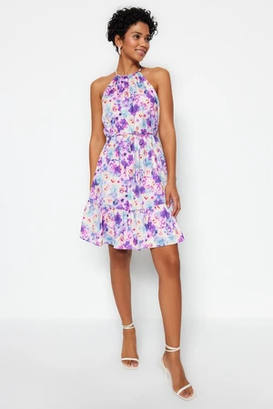 Trendyol Purple Floral Halter Neck A-line Tie Detailed Mini Woven Dress