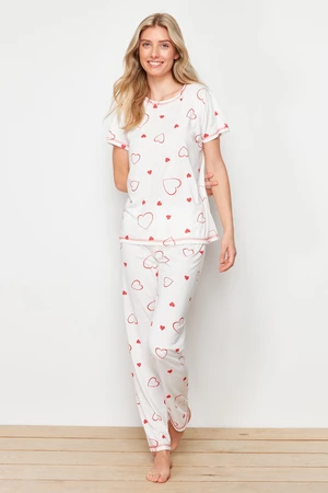 Trendyol White-Red Heart Knitted Pajamas Set