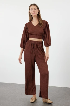 Trendyol Dark Brown Textured Fabric Relaxed Flexible Blouse Trousers Knitted Bottom-Top Set