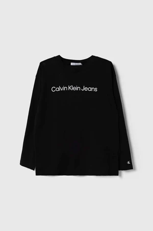 Dětské bavlněné tričko s dlouhým rukávem Calvin Klein Jeans černá barva, s potiskem