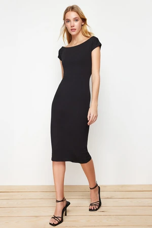 Trendyol Black Boat Neck Fitted Cotton Stretchy Knitted Midi Pencil Dress