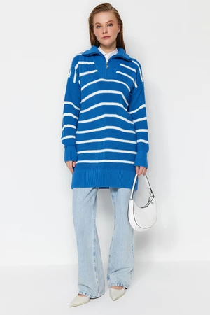 Trendyol kék csíkos galléros cipzáras kötöttáru pulóver