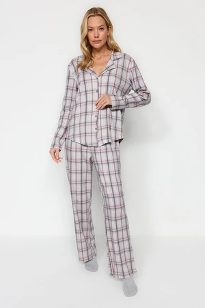 Trendyol Grey Multicoloured 100% Cotton Brushed Plaid Shirt-Pants Knitted Pajama Set