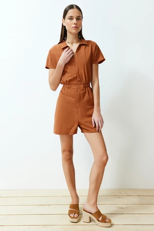 Trendyol Brown Elastic Waist Gabardine Mini Woven Jumpsuit