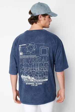 Trendyol Indigo Oversize/Wide Cut Faded Effect Text Printed 100% T-Shirt