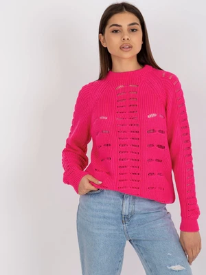 Fluo pink openwork oversize sweater with round neckline