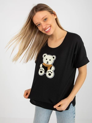 Black ribbed oversize blouse with teddy bear