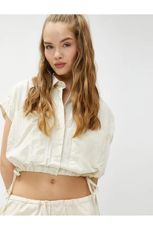 Koton Crop Shirt Waist Gathered Pocket Detailed Textured Buttons