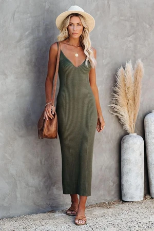 Madmext Khaki V Neck Strappy Knitwear Long Dress