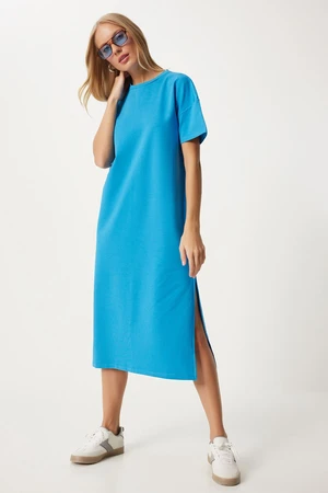 Happiness İstanbul Women's Blue Cotton Summer Casual Combed Dress