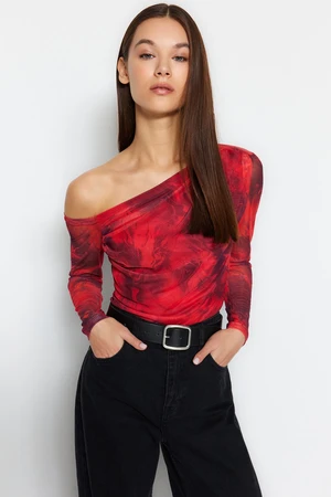 Trendyol Red Tulle Lined Asymmetrical Collar Knitted Blouse