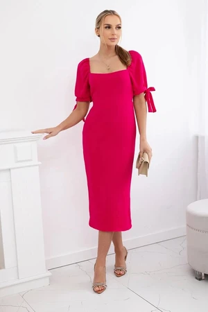 Women's dress gathered at the back with tied sleeves - fuchsia