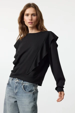 Trendyol Black Ruffle Detailed Relaxed Knitted Sweatshirt