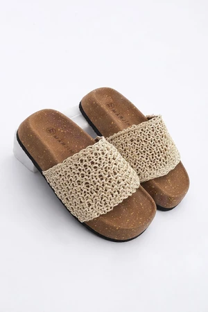 Marjin Women's Hand Knitted Mushroom Pattern Sole Straw Daily Slippers Elesya Beige Straw