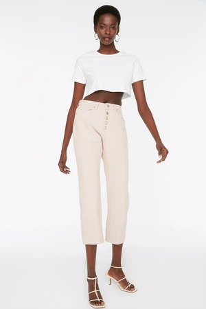 Trendyol Beige Front Button High Waist Mom Jeans