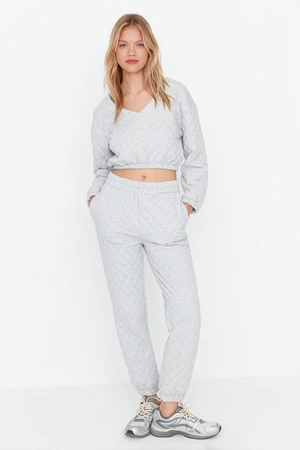 Trendyol Gray Crop Quilted Knitted Top and Bottom Set