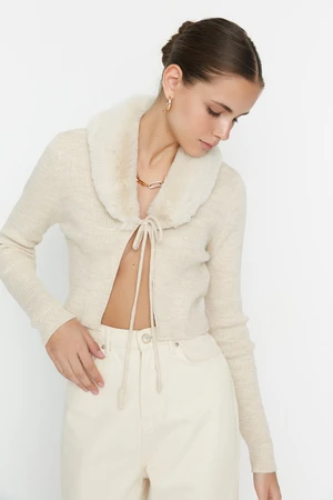 Trendyol Beige Faux Fur Collar Knitwear Cardigan