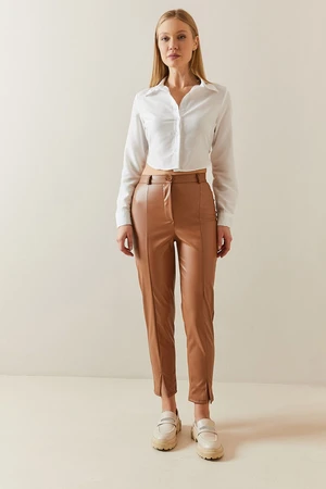 XHAN Tan Leather Look Trousers with Slits