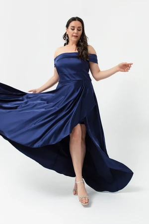 Lafaba Women's Navy Blue Boat Collar Plus Size Satin Evening Dress & Prom Dress