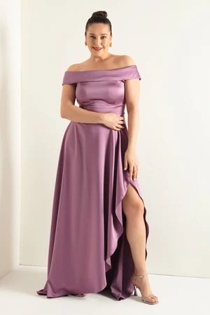 Lafaba Women's Lavender Boat Neck Plus Size Satin Evening Dress & Prom Dress