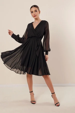 By Saygı Double Breasted Neck Long Sleeve Lined Chiffon Dress