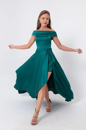 Lafaba Women's Emerald Green Bateau Neck Satin Evening Dress & Prom Dress