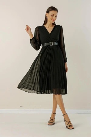 By Saygı Double-breasted Collar Waist Belt, Pleat Lined Chiffon Dress