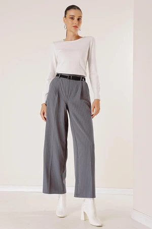 By Saygı Belted Waist Longitudinal Pinstripe Palazzo Trousers with Side Pockets