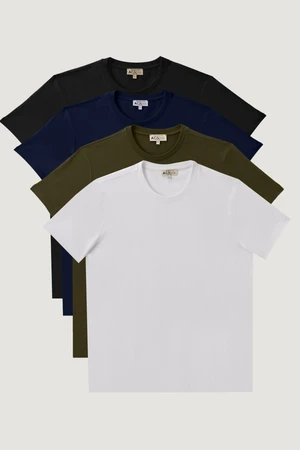 AC&Co / Altınyıldız Classics Men's White-black-navy blue-khaki Slim Fit Narrow Cut Crew Neck 100% Cotton 4-Piece T-Shirt Package