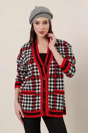 By Saygı Checked Patterned Acrylic Cardigan with Pockets Red