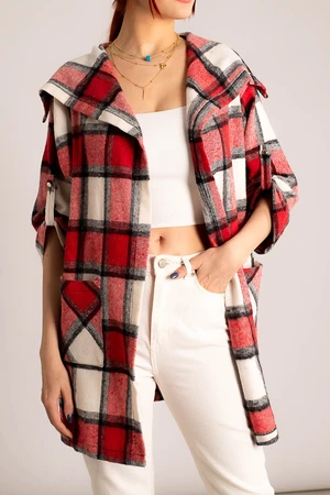 armonika Women's Red-white Plaid Loose Pocket Jacket Arm-22y001160