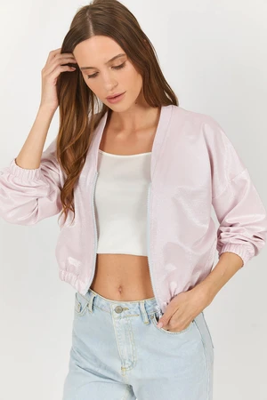 armonika Women's Pink V-Neck Elastic Waist Bomber Jacket