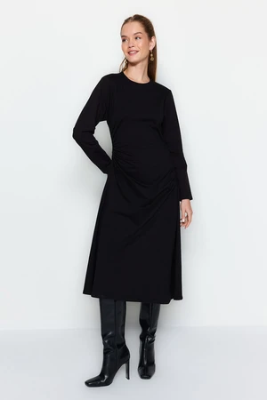 Trendyol Black Waist Gathered Detailed Knitted Dress