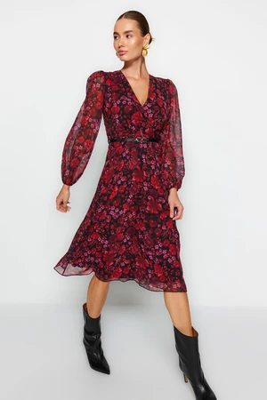 Trendyol Burgundy Belted A-Line Midi Floral Patterned Chiffon Woven Woven Dress