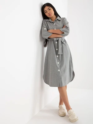 Grey striped shirt dress with belt for tying