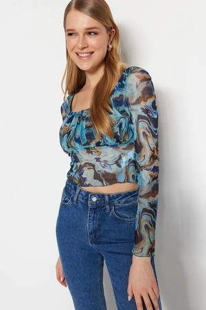 Trendyol Blue Patterned Fitted Crop Tulle Stretch Knitted Blouse