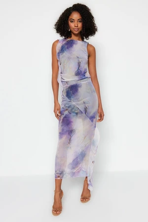 Trendyol Lilac Printed Tulle Slit Detailed Ruffled Midi Stretchy Knitted Skirt